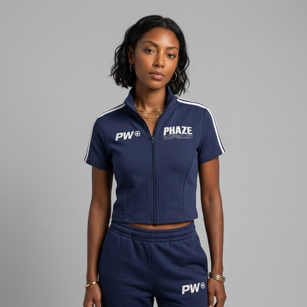 Phaze Wrld Cropped Full Zip Navy Short Sleeve T-Shirt