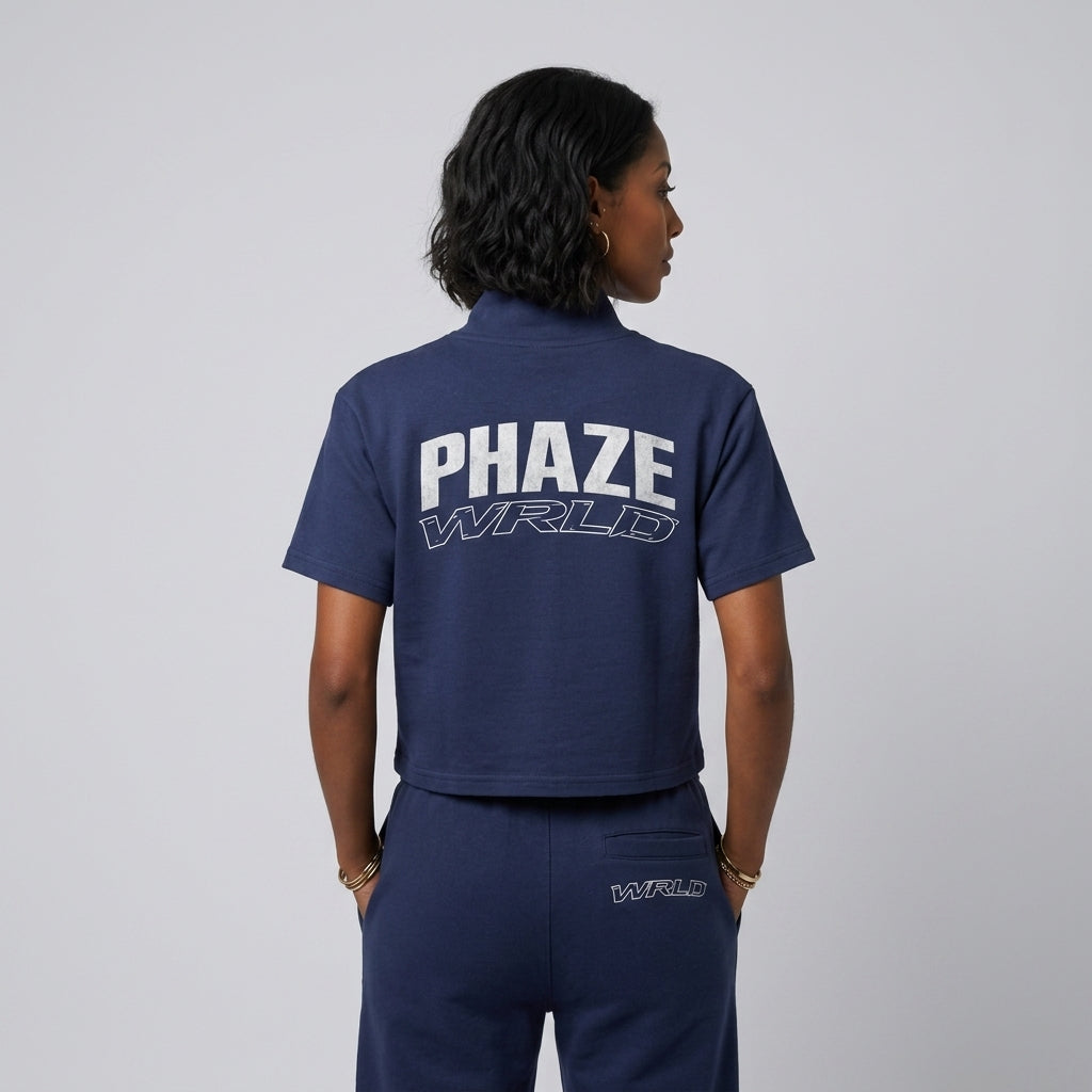 Phaze Wrld Cropped Full Zip Navy Short Sleeve T-Shirt