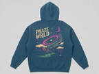 Back of the Dream Beyond Reality 999 hoodie in Haze Blue, laid flat to show the large galaxy and mountain graphic.