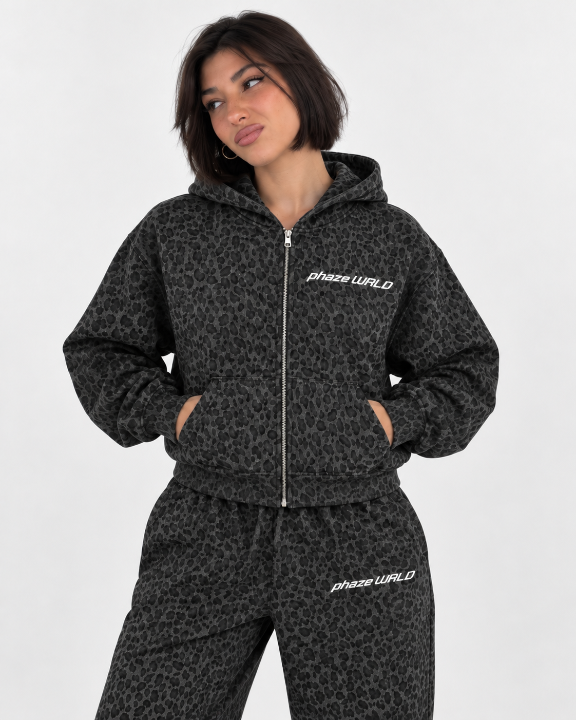 Leopard Black Waffle Full Zip Hoodie