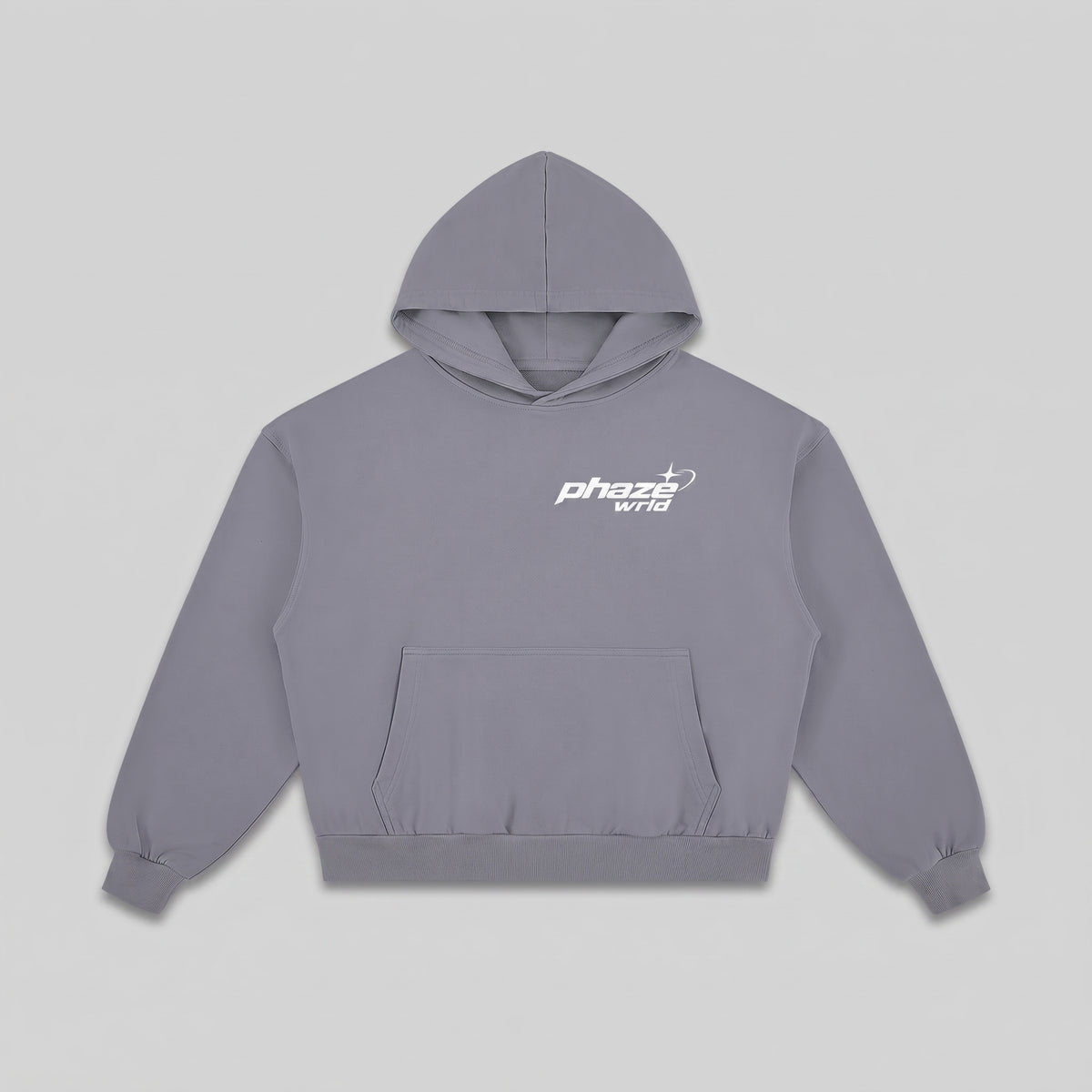 Front flat lay of the Escape Reality grey boxy hoodie with a kangaroo pocket and small white chest logo.