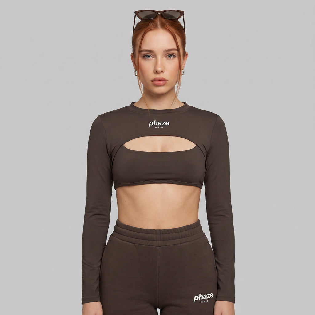 Phaze Wrld Shrug Overlay Long Sleeve Top — Mocha