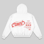 Back view of the Every Phase white boxy hoodie showing the large red graphic print with text, stars, and icons.