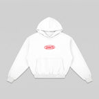 Flat lay front view of the Every Phase white boxy hoodie with its kangaroo pocket and red oval Phaze Wrld chest logo.