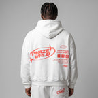 Detailed back view of a model in the Every Phase white boxy hoodie, highlighting the red graphic print with text and symbols.