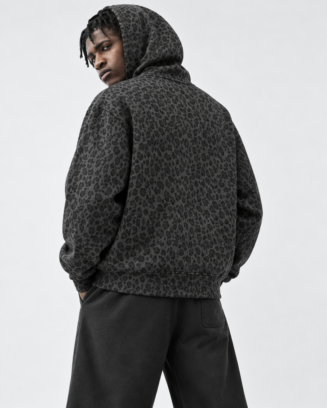 Leopard Black Waffle Full Zip Hoodie