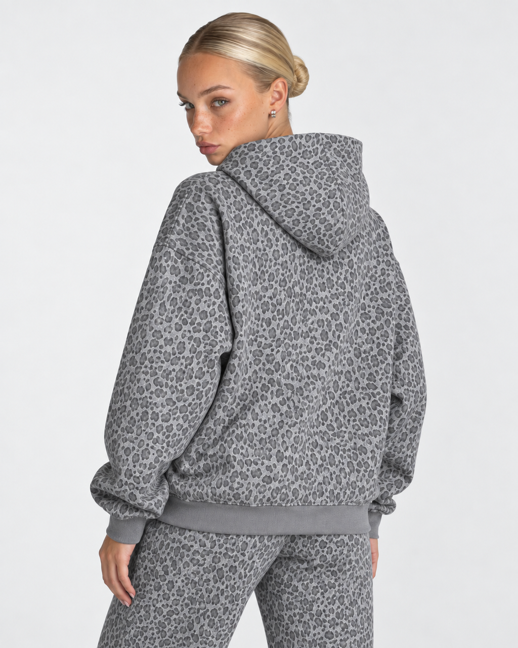 Leopard Light Gray Waffle Full Zip Hoodie