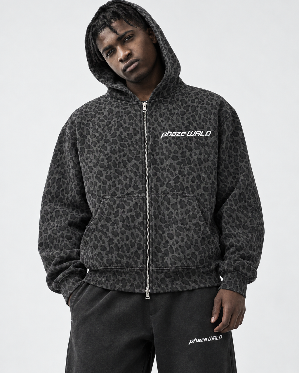 Leopard Black Waffle Full Zip Hoodie