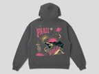Back of the dark gray Find Your Orbit Oversized Hoodie showing the large cosmic graphic with mountains, planets, and text.
