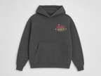 Front view of the Find Your Orbit hoodie laid flat, displaying the kangaroo pocket and small chest graphic in dark gray.