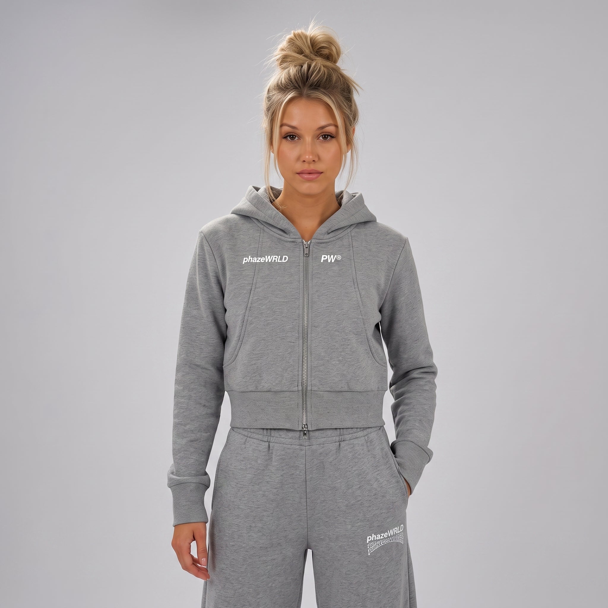 Phaze Wrld™ Slim Crop Zip Hoodie — Gray