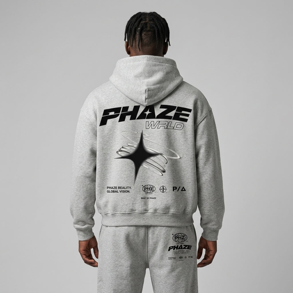 Back view of a premium heather grey oversized streetwear hoodie featuring Y2K-style black star graphics and minimalist tech-wear typography.