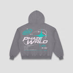 Back of the Into The Phaze Boxy Hoodie in grey, laid flat to show the large futuristic 'PHAZE WRLD' graphic.