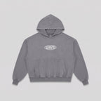 Front of the grey Into The Phaze Boxy Hoodie laid flat, showing the kangaroo pocket and oval 'PHAZE WRLD' chest graphic.