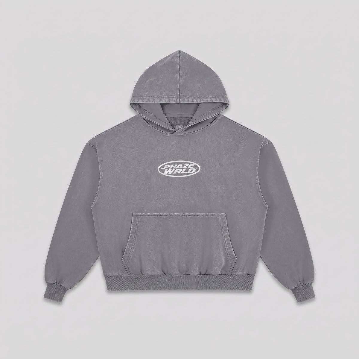 Front of the grey Into The Phaze Boxy Hoodie laid flat, showing the kangaroo pocket and oval 'PHAZE WRLD' chest graphic.