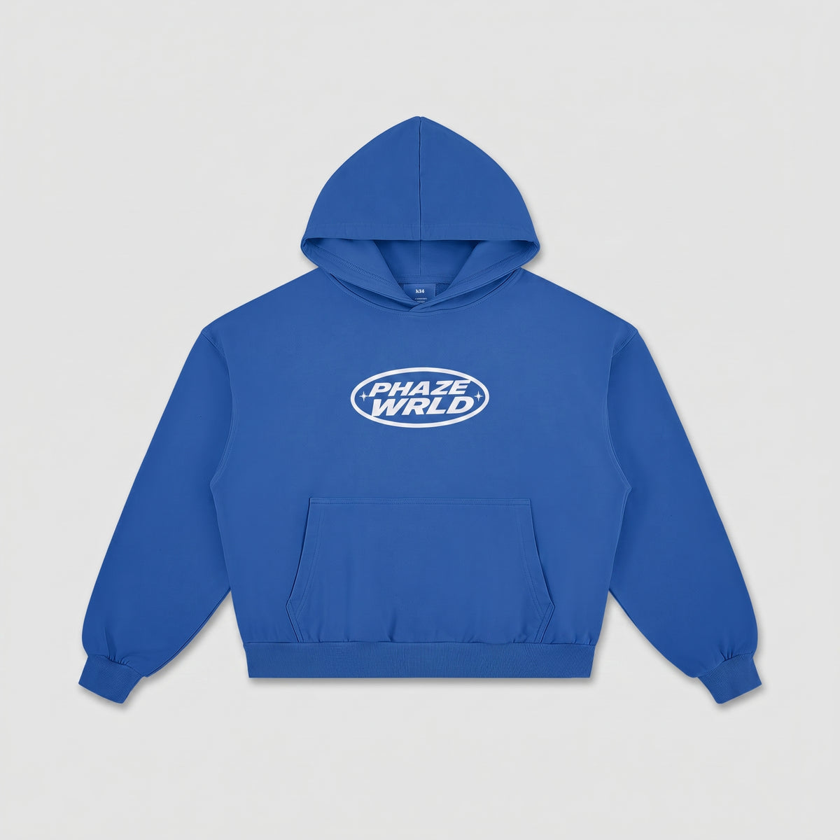 Front flat lay of the Lapis Blue Stellar Boxy Hoodie with its kangaroo pocket and white 'PHAZE WRLD' oval chest graphic.