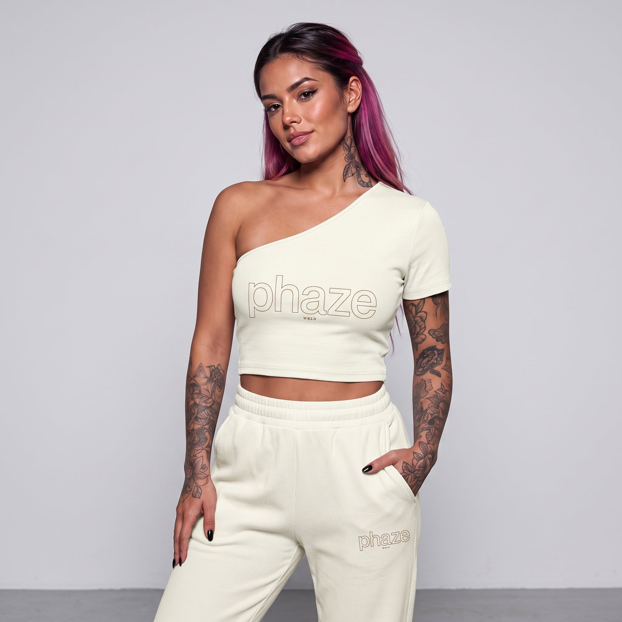 Phaze Wrld One-Shoulder Outline Crop Tee — Light Green