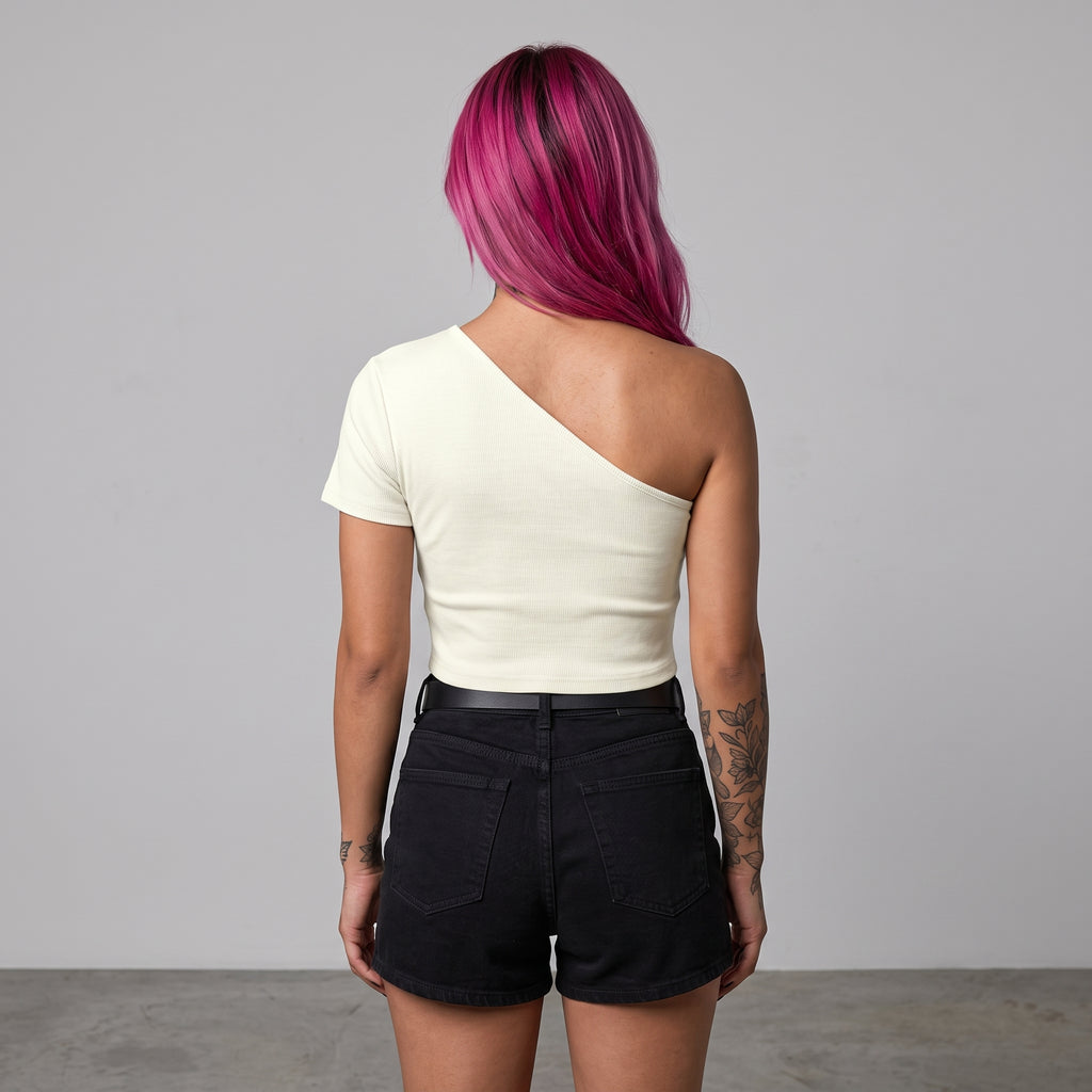 Phaze Wrld One-Shoulder Outline Crop Tee — Light Green