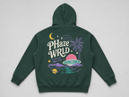Back of the dark green Lost in Space hoodie laid flat, showing the large colorful celestial graphic with a palm tree and text.