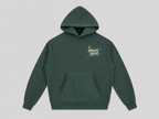 Front of the dark green Lost in Space hoodie with a kangaroo pocket and small 'Phaze Wrld' moon and stars chest graphic.