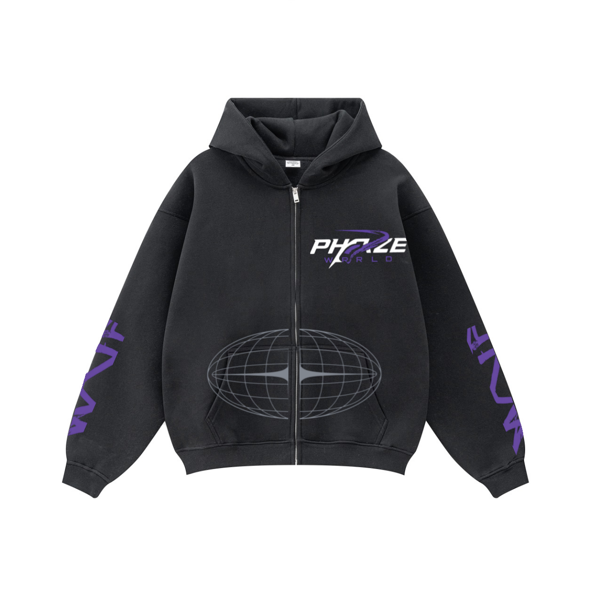 345GSM Unisex Fall&Winter Fleece-Lined Solid-Color Zip-Up Hoodie Black