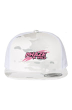 Front view of the Multicam Alpine trucker cap showing the white and grey camo pattern and pink and black embroidered Phaze Wrld graphic.
