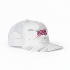Side profile of the Multicam Alpine trucker cap with its white and grey camo, white mesh back, and pink Phaze Wrld graphic.