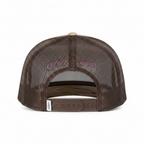 Back view of the Multicam Arid/Brown Trucker Cap showing the brown mesh panel and brown plastic snapback closure.