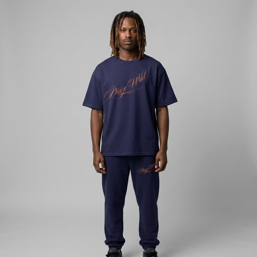 Phaze Wrld Scripted Crew Neck Navy Tee