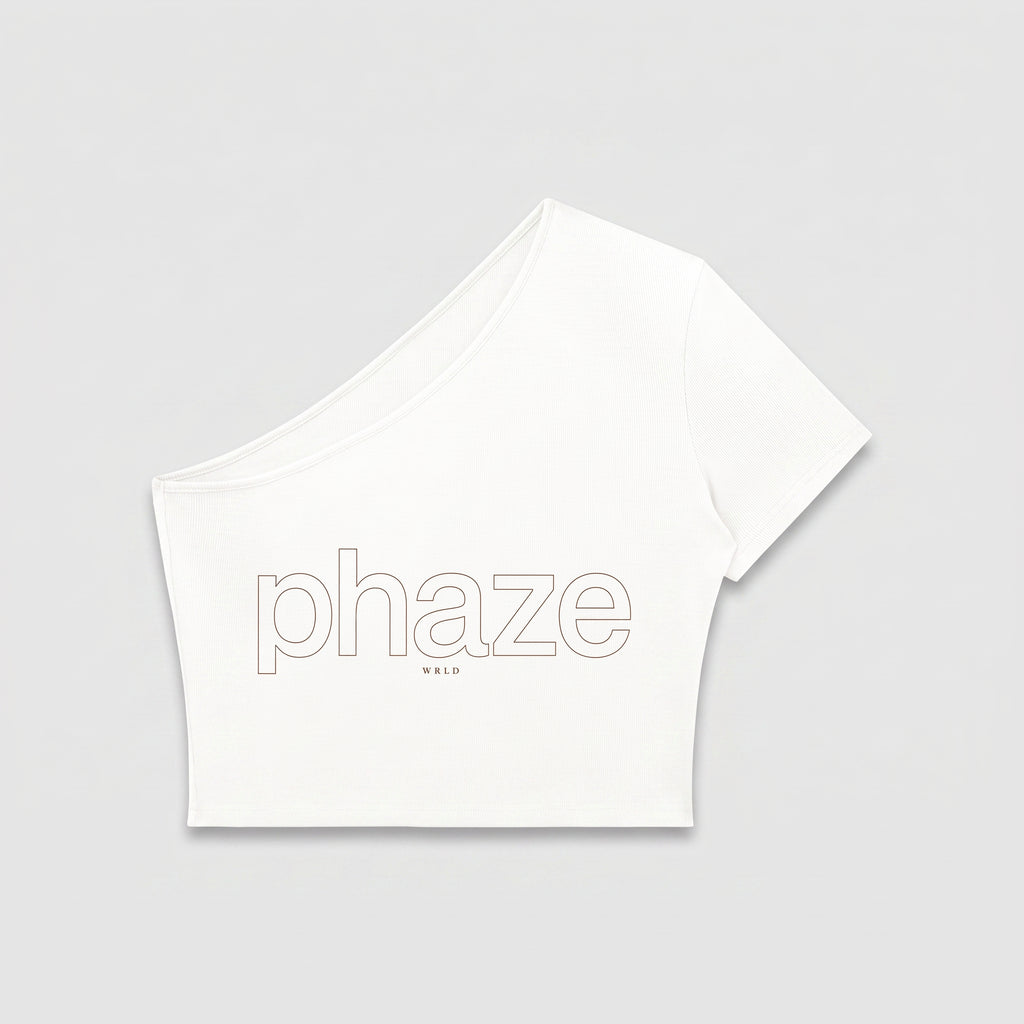 Phaze Wrld One-Shoulder Outline Crop Tee — White