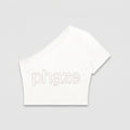 Phaze Wrld One-Shoulder Outline Crop Tee — White