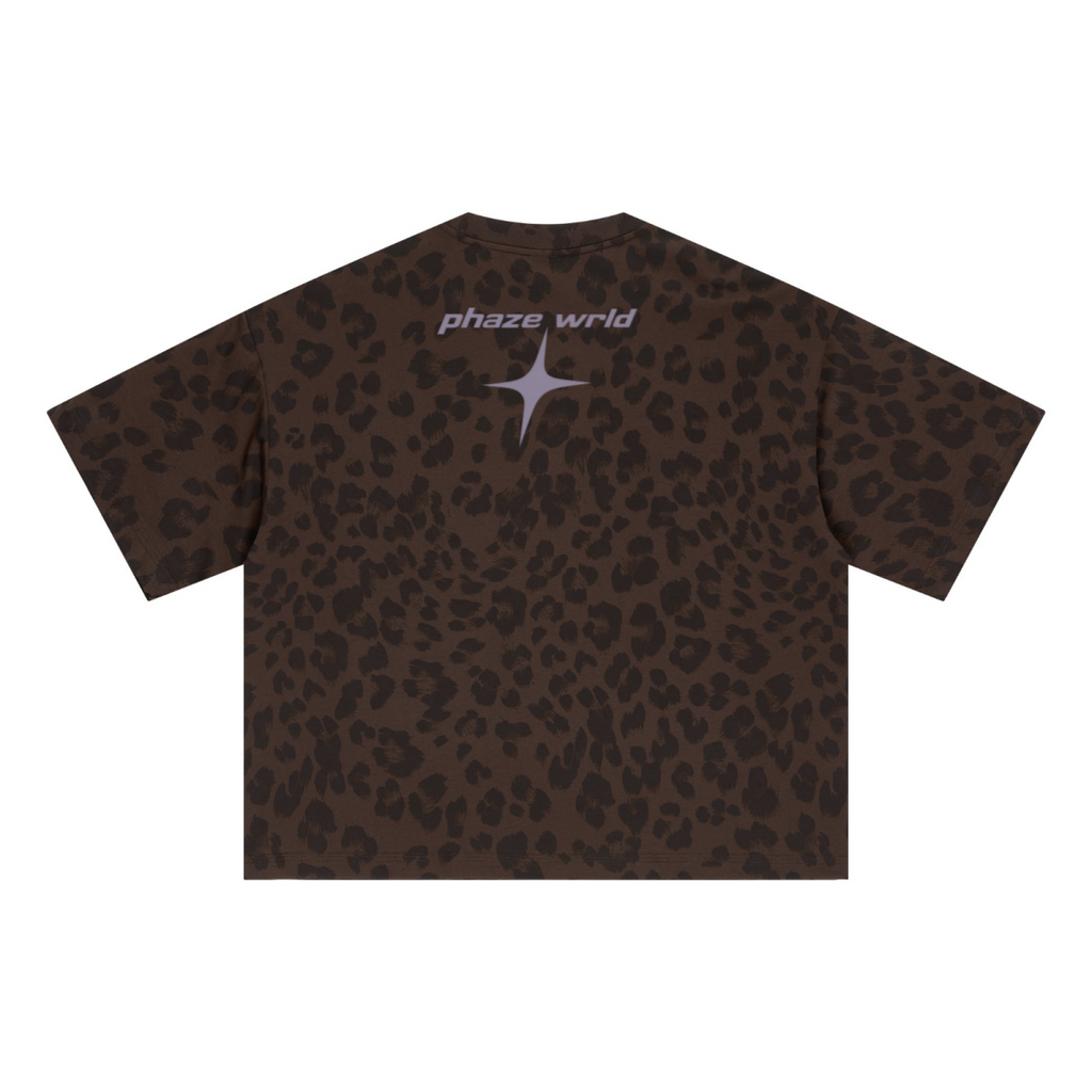 Oversized & Boxy brown leopard print streetwear t-shirt featuring a dropped shoulder fit and phaze wrld star graphic on the back.