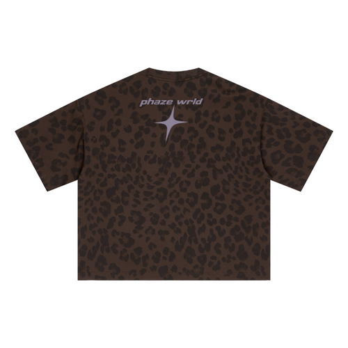 Oversized & Boxy brown leopard print streetwear t-shirt featuring a dropped shoulder fit and phaze wrld star graphic on the back.