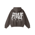 Back view of an Oversized & Boxy brown streetwear hoodie featuring a bold white PHAZE WRLD graphic print, dropped shoulders, and a relaxed fit.