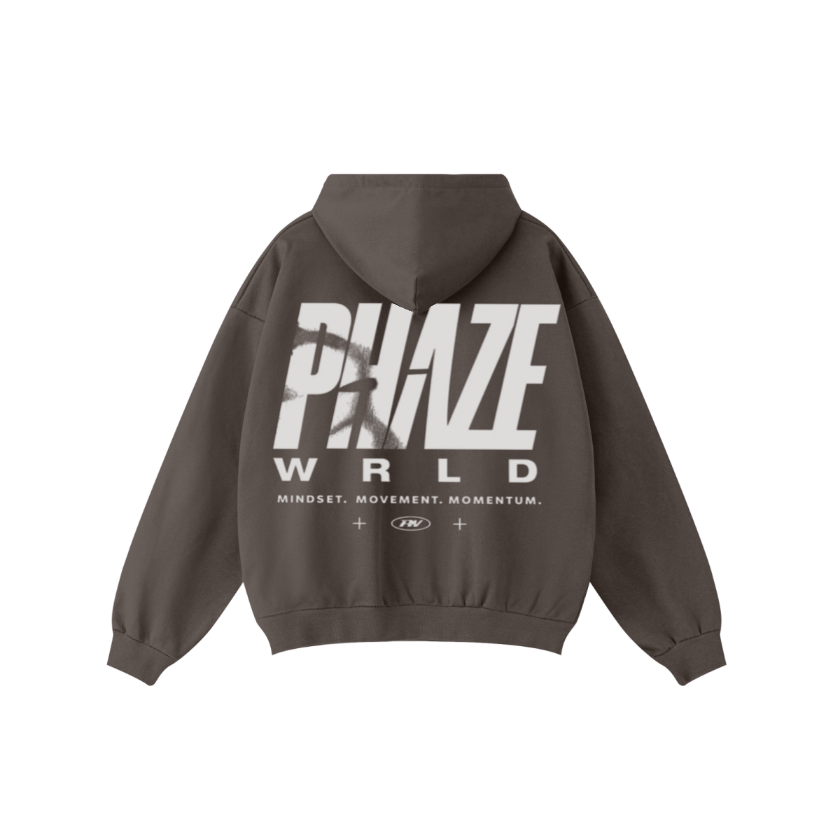 Back view of an Oversized & Boxy brown streetwear hoodie featuring a bold white PHAZE WRLD graphic print, dropped shoulders, and a relaxed fit.