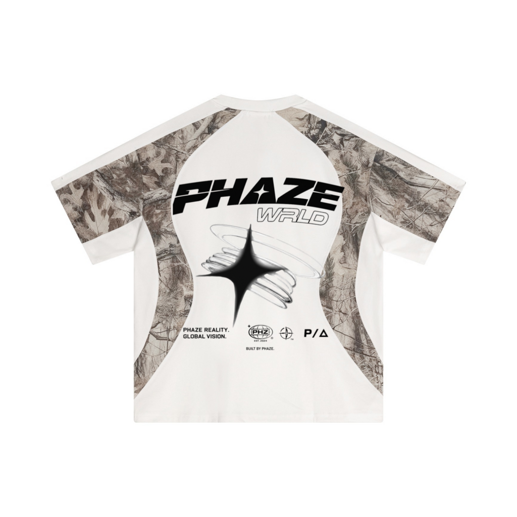 Back view of a white boxy t-shirt with realtree camo raglan sleeves and a bold black PHAZE WRLD star graphic, showcasing a Y2K & Streetwear aesthetic.
