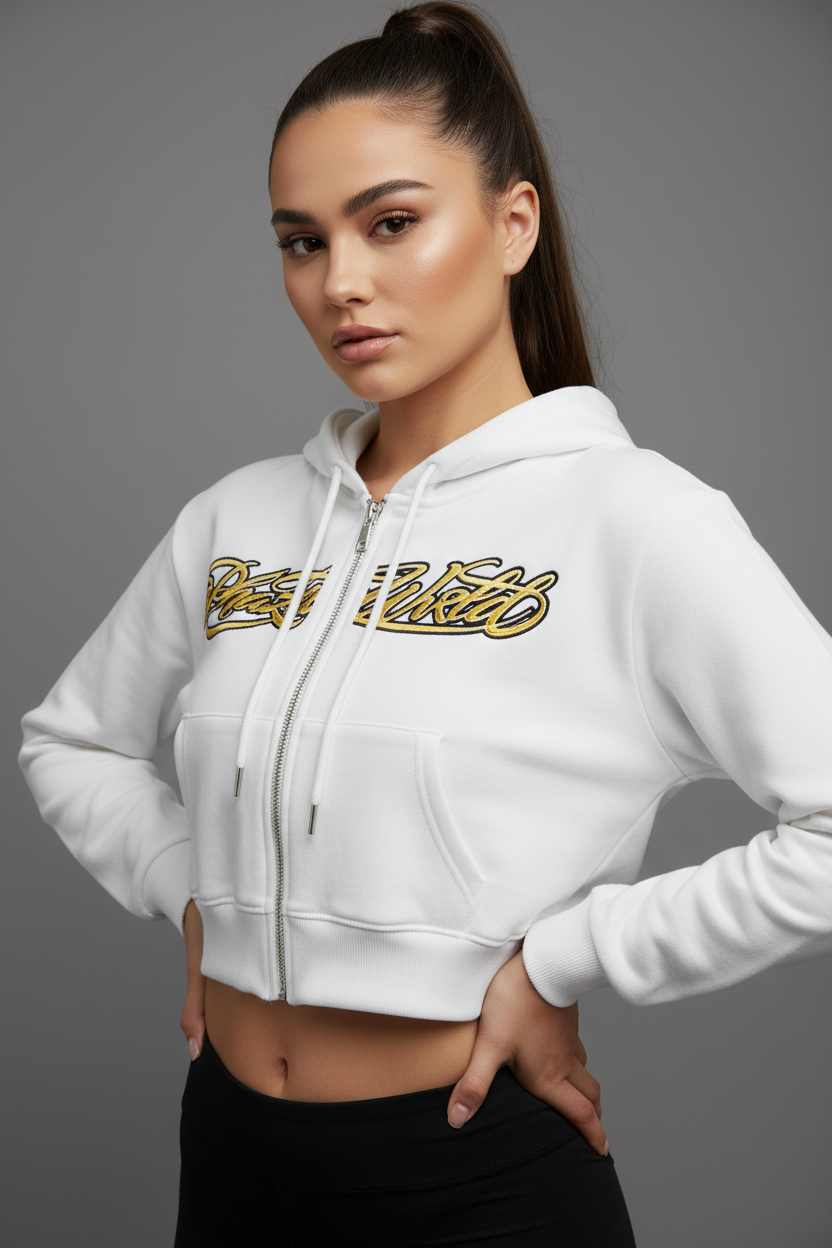 Phaze Wrld Gold Script Zip Hoodie - White