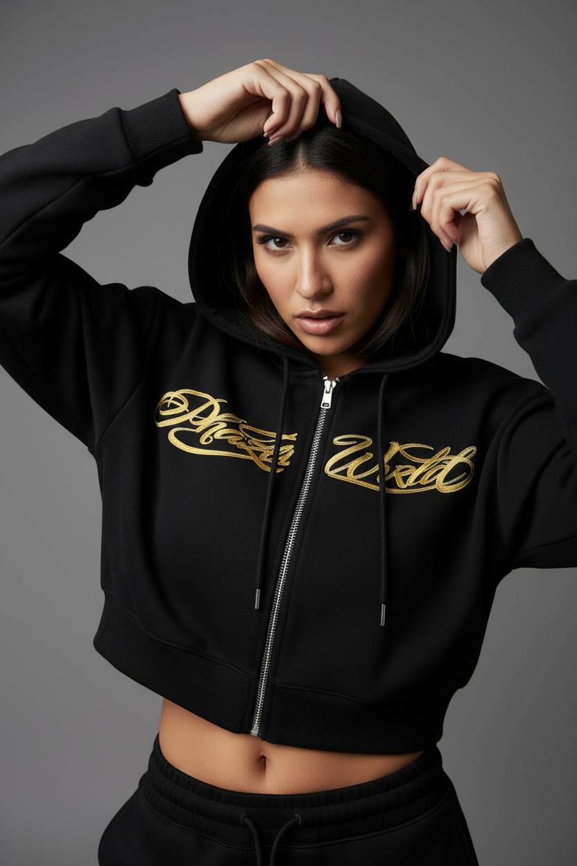 Phaze Wrld Gold Script Zip Hoodie - Black