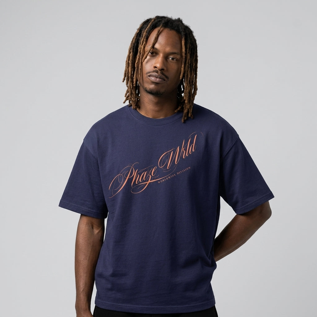 Phaze Wrld Scripted Crew Neck Navy Tee
