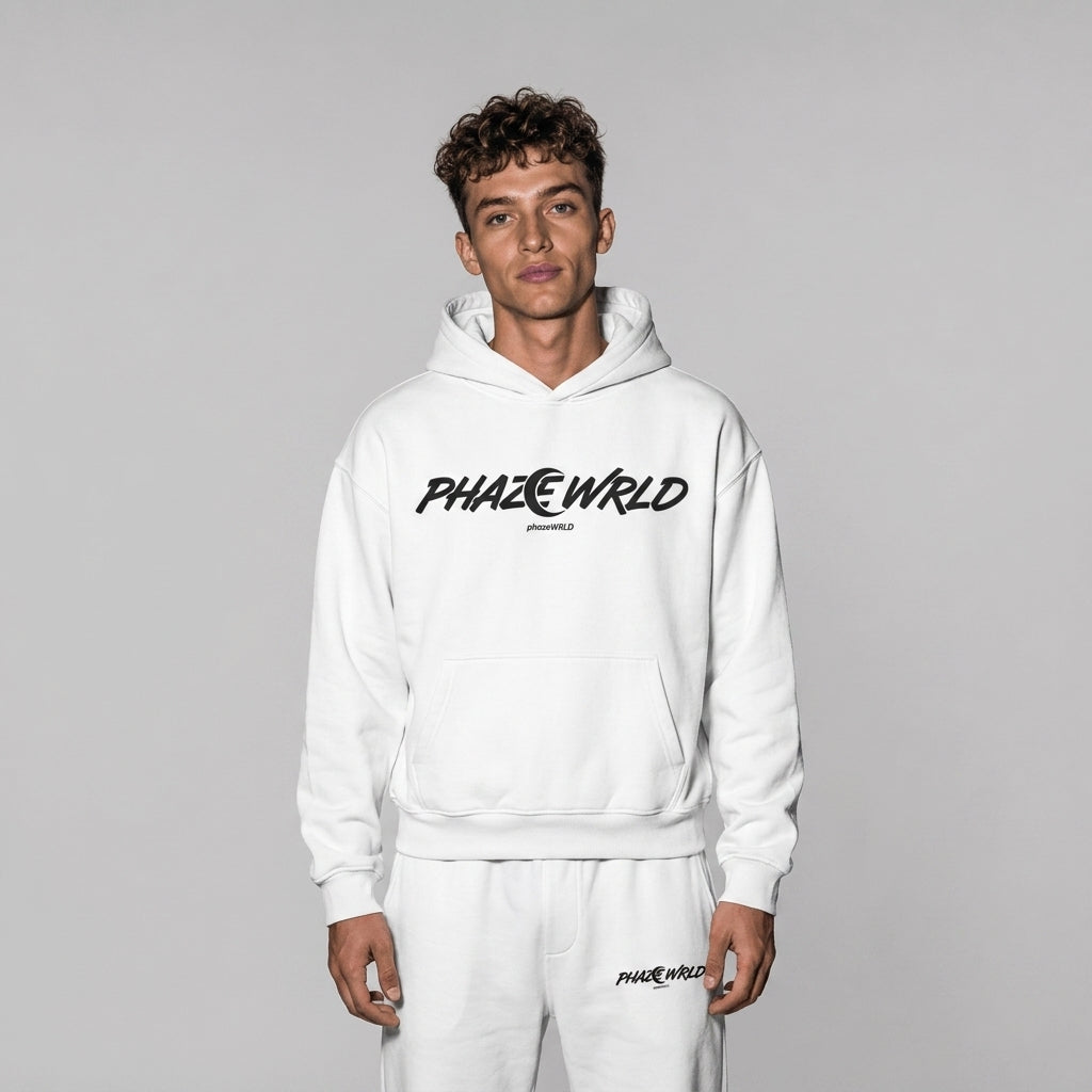 A premium heavyweight white cropped streetwear hoodie featuring a stylized black graphic logo of PHAZE WRLD on the chest.