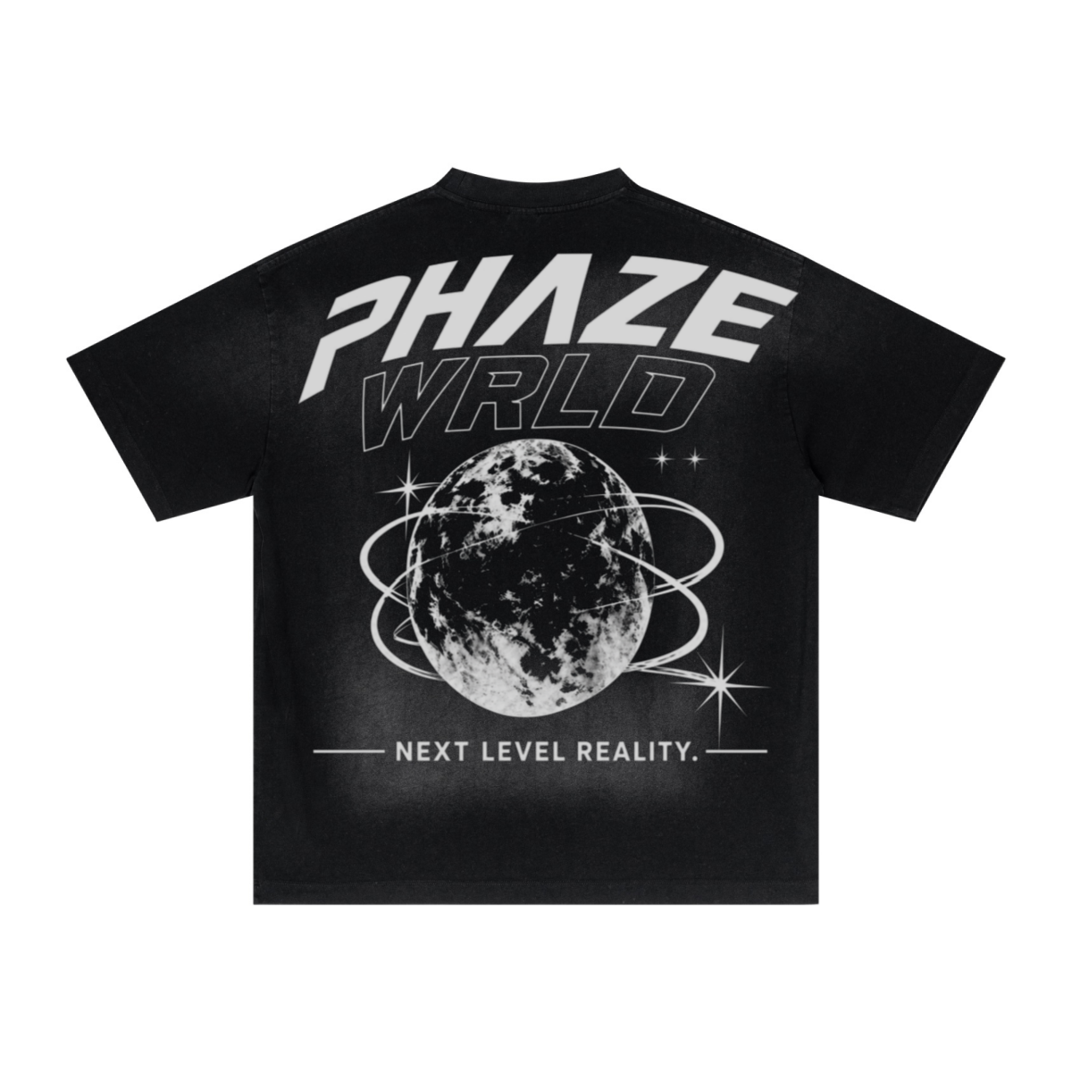 Oversized Streetwear graphic tee in faded black featuring a bold PHAZE WRLD globe print, boxy fit, and heavy vintage wash cotton.