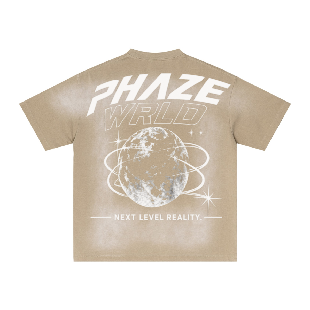 Oversized Streetwear graphic tee in faded cream featuring a bold PHAZE WRLD globe print, boxy fit, and heavy vintage wash cotton.