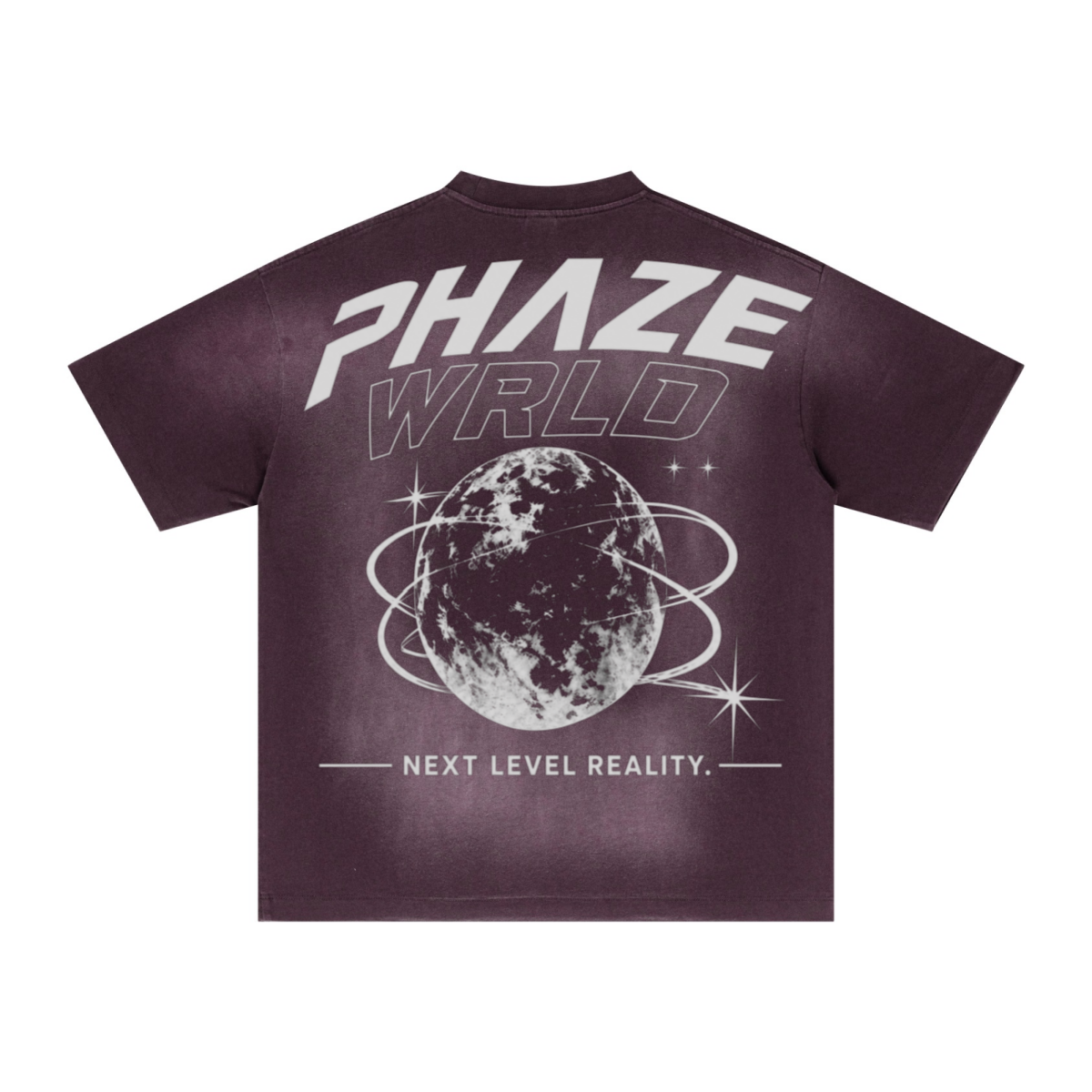 Oversized Streetwear graphic tee in faded purple featuring a bold PHAZE WRLD globe print, boxy fit, and heavy vintage wash cotton.