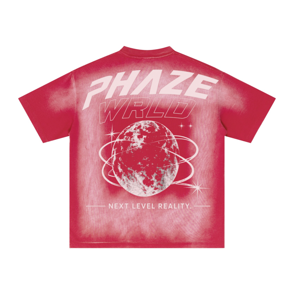 Oversized Streetwear graphic tee in faded red featuring a bold PHAZE WRLD globe print, boxy fit, and heavy vintage wash cotton.