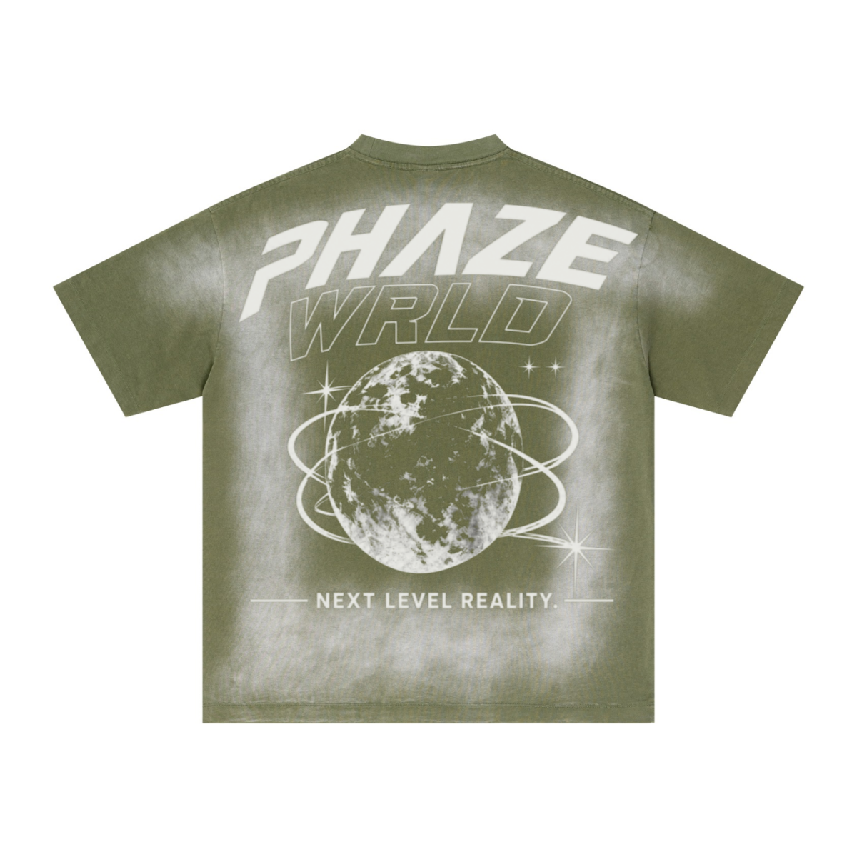 Oversized Streetwear graphic tee in faded military green featuring a bold PHAZE WRLD globe print, boxy fit, and heavy vintage wash cotton.