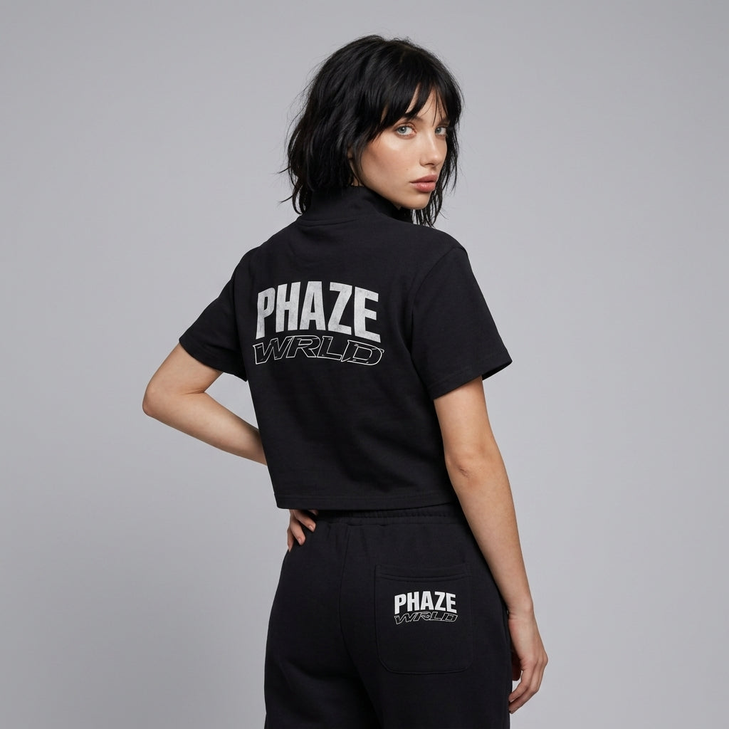 Phaze Wrld Cropped Full Zip Black Short Sleeve T-Shirt