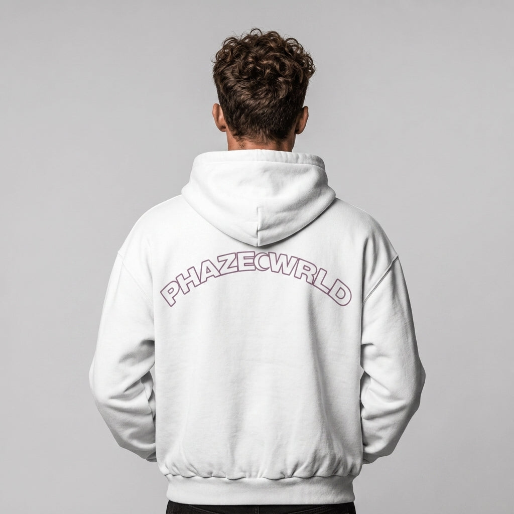 Back view of a model wearing a premium white oversized streetwear hoodie with a purple arched PHAZEWRLD outline graphic across the shoulders.