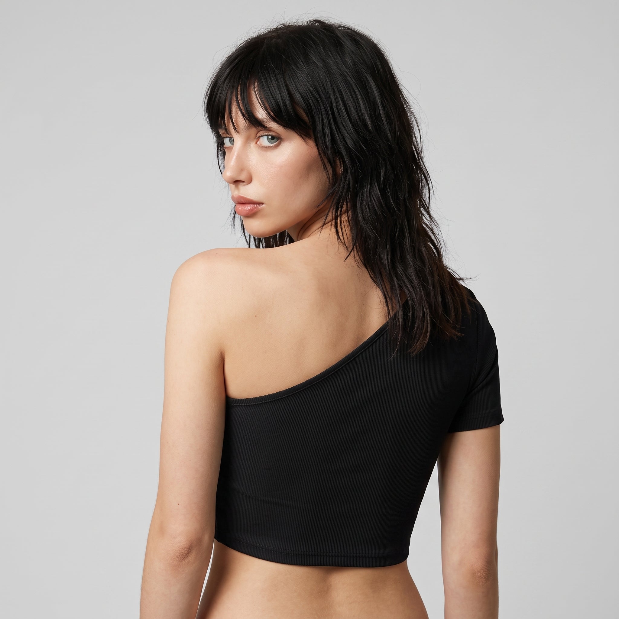 Phaze Wrld One-Shoulder Outline Crop Tee — Black