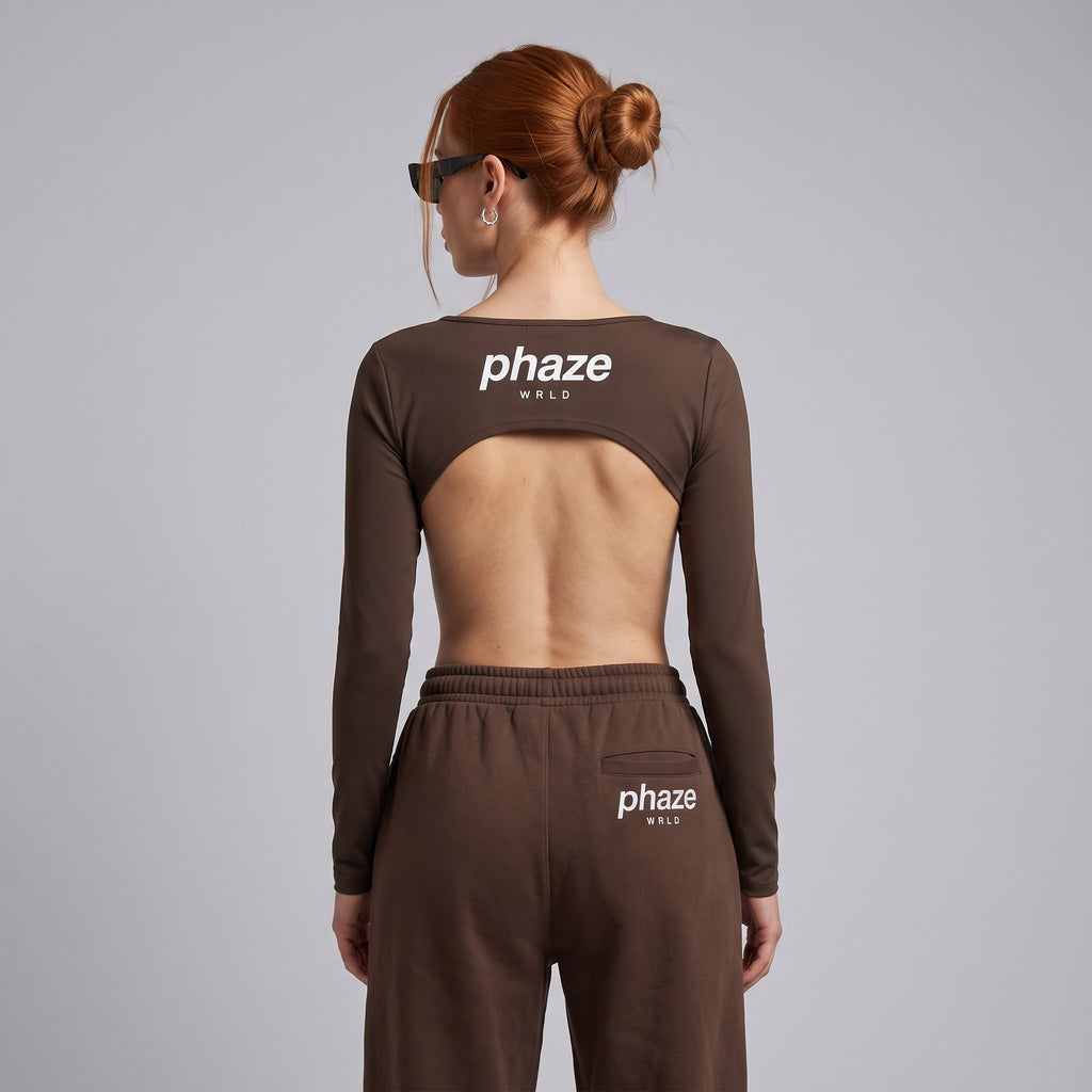 Phaze Wrld Shrug Overlay Long Sleeve Top — Mocha