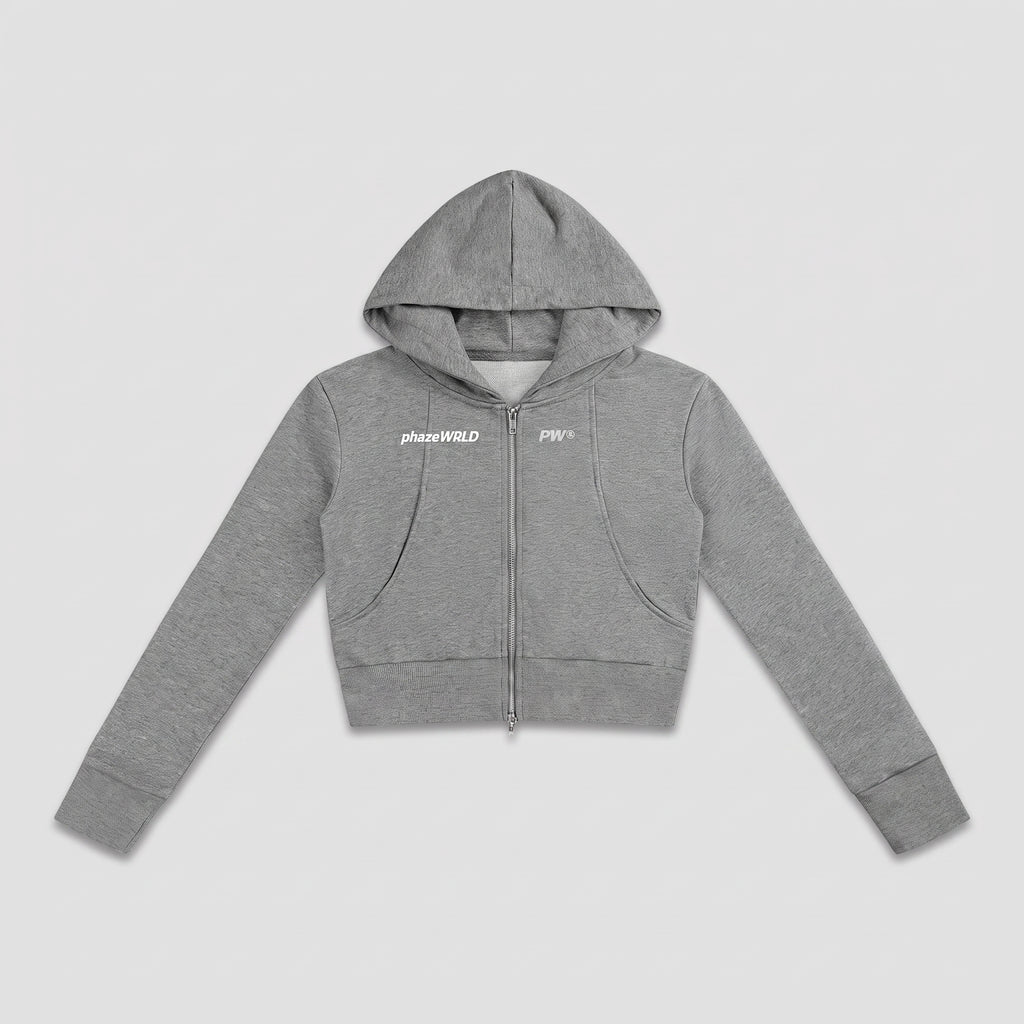 Phaze Wrld™ Slim Crop Zip Hoodie — Gray